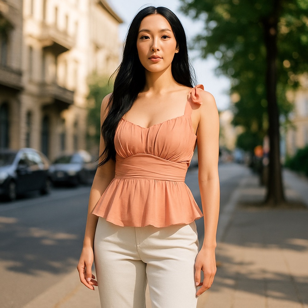 Row A Peplum Terracota Sweetheart Neck Tie Shoulders Satin Summer Top Sz Med NWT